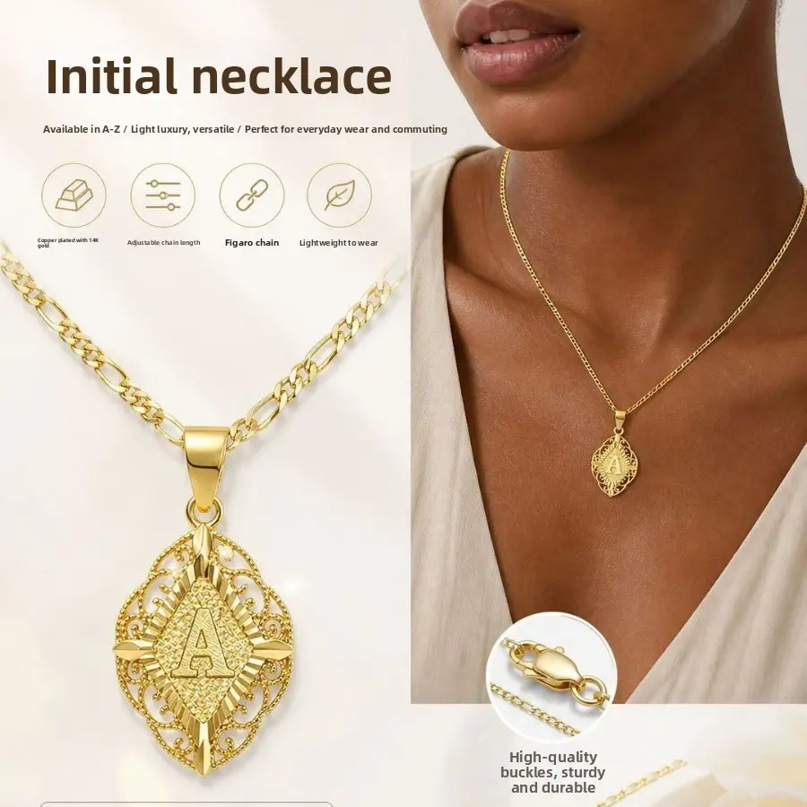 Luxury Sophisticated Women's Clavicle Necklace, Brass Initial Letter Pendant, Adjustable Figaro Chain