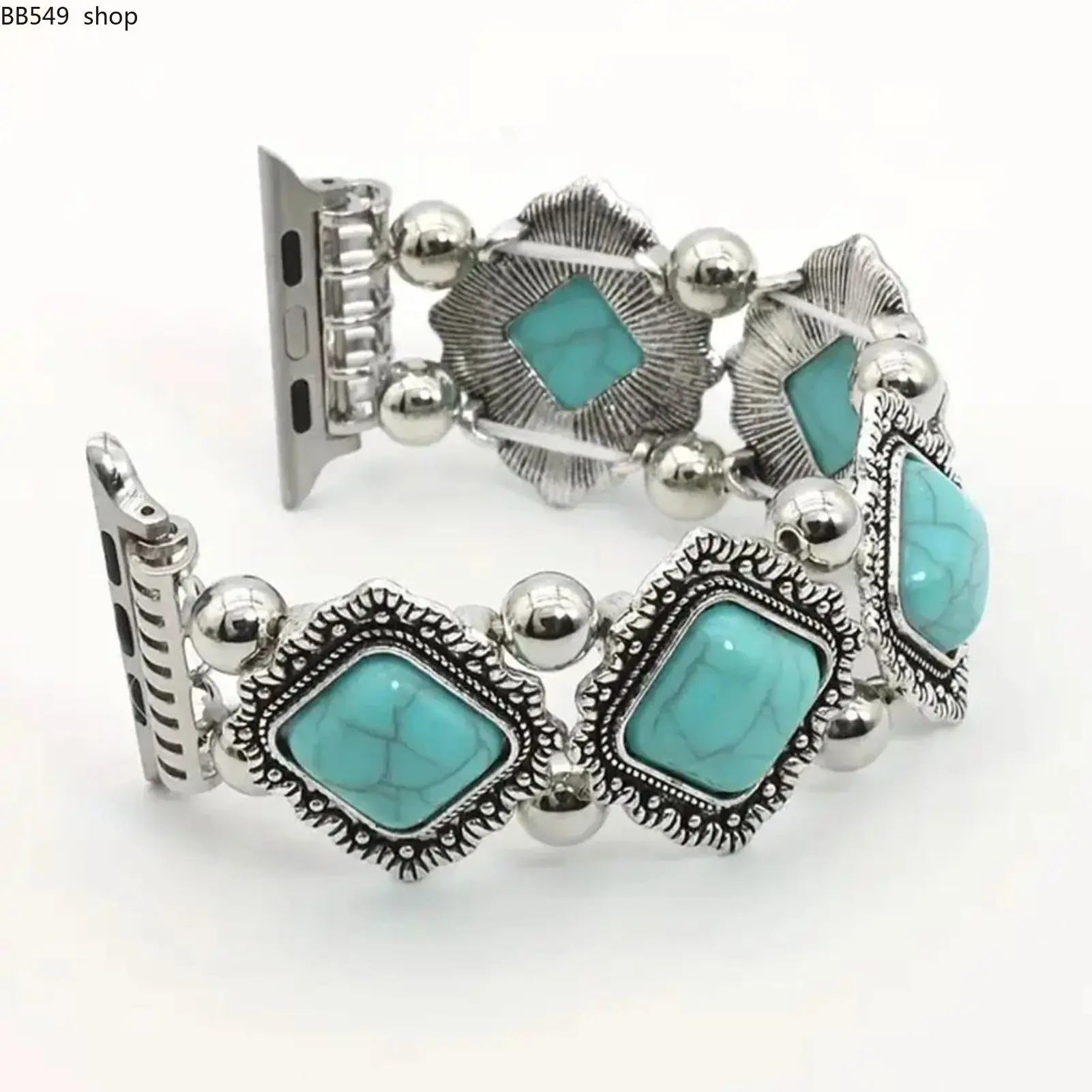 Vintage Turquoise Decor Chain Bracelet, Retro Western Beaded Smart Watch Replacement Wristband, Unisex Adjustable Smartwatch Strap Fashion Accessory