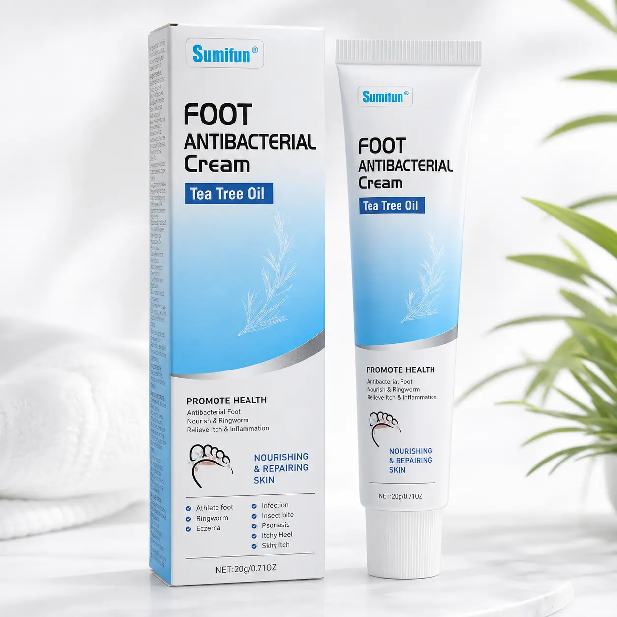 Sumifun Tea Tree Oil Foot Cream 20g – Moisturizing Foot Care for Dry, Rough Feet & Cracked Heels, Lightweight Non-Greasy Daily Heel & Sole Cream for Men & Women