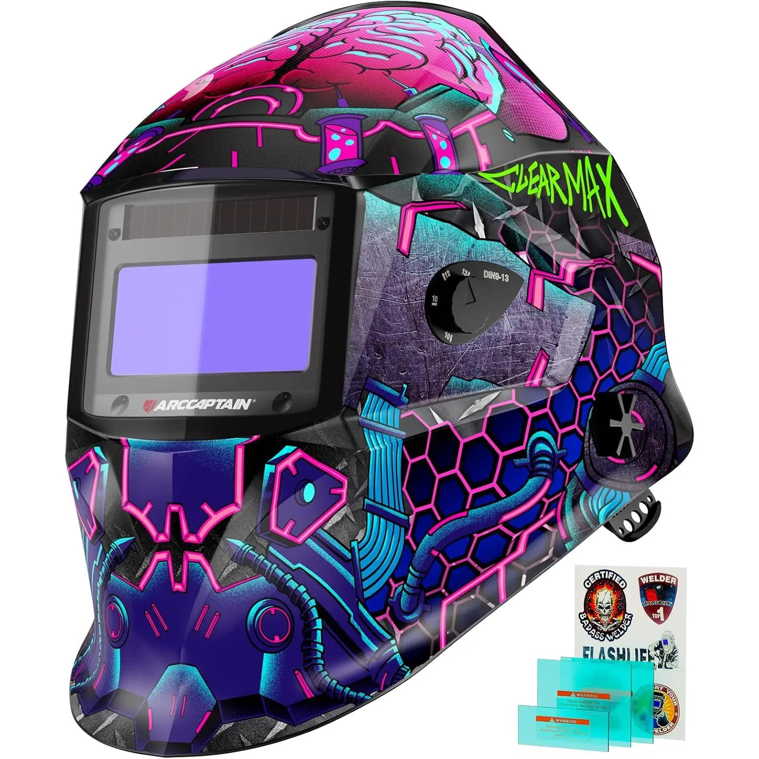 Cyberpunk Full-Face Shield Welding Helmet HSH-S800, Sturdy Auto Darkening Work Safety Hood, Large Viewing Screen, 1/1/1/1 Top Optical Clarity, 4-Sensor 1/25000s Response Time, True Color for Home Improvement, Full-Face Shield Welding Helmets