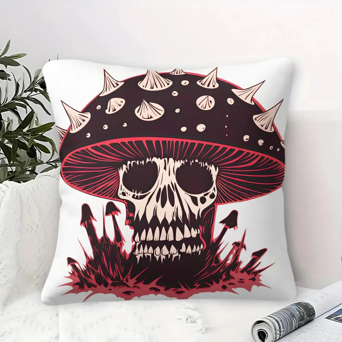 45x45cm 1Pc Halloween Dark Aesthetic Throw Pillow, Spiky Poison Mushroom & Skull Print, Machine Washable, Soft Fluffy Cushion, Home Decor for Living Room, Bedroom & Hotel, Perfect Halloween Gift (Pillow Insert Included)