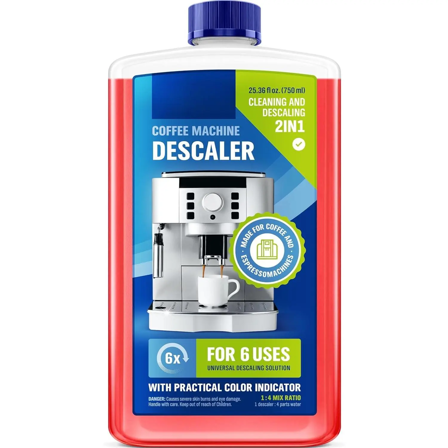 Descaling Solution for Coffee & Espresso Machines 25.6 Fl Oz - compatible with , , , , , Delonghi,  Formula with Color