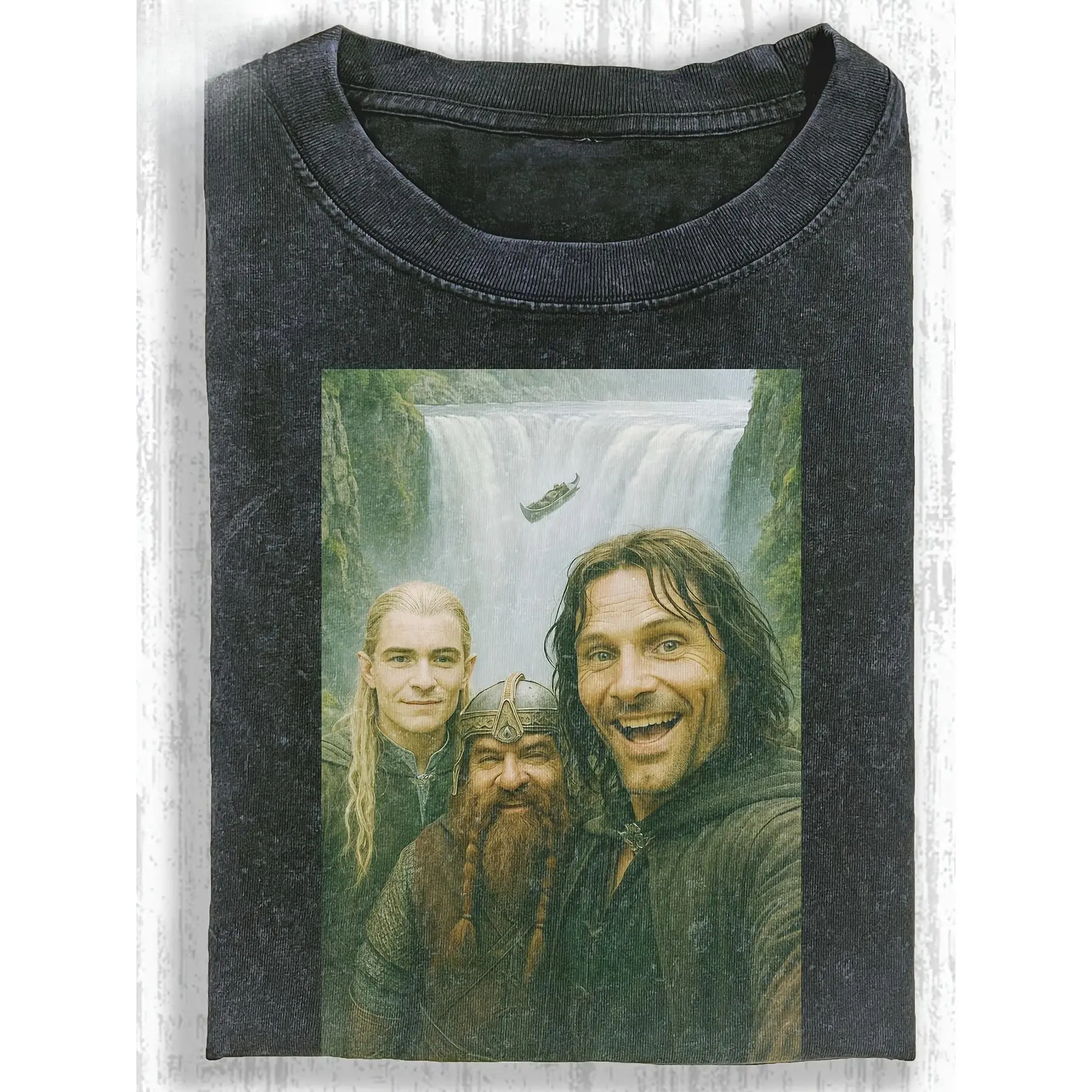 Vintage Washed Crew Neck Short Sleeve Tee, Lord Of The Rings Legolas Gimli Aragorn Selfie Waterfall Retro Meme Fantasy Movie Graphic Oversized Casual Streetwear Unisex Fan Daily Tops
