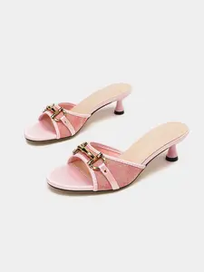 Women’s Open Toe Mule Sandals, Printed Jacquard Kitten Heel Dress Sandals with Gold-Tone Hardware for Summer, Party and Daily Wear