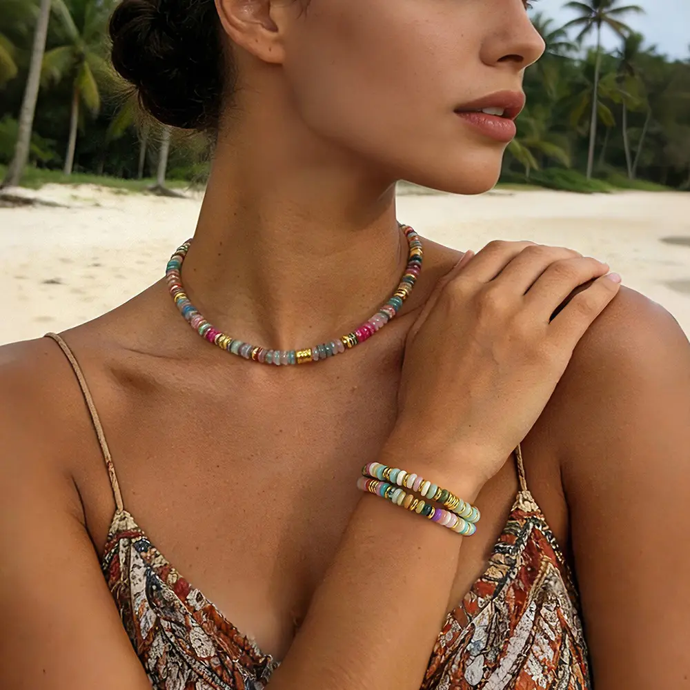 Women's Handmade Semi-Precious Natural Stone Disc Bead Necklace - All-Season, Light Luxury Niche Layered Collarbone Accessory for Female Commuters