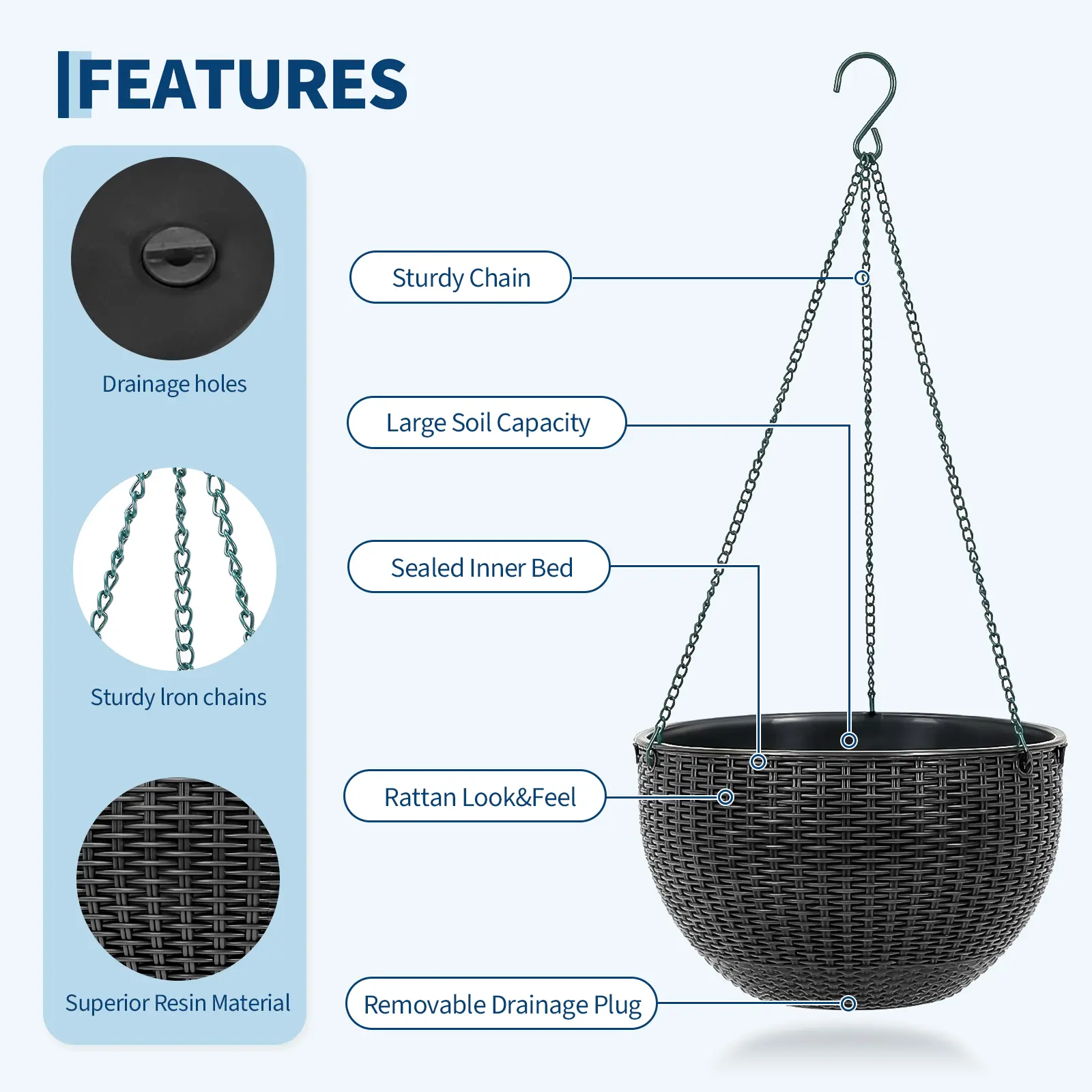 13.5 Inch Large Plastic Self-Watering Hanging Planters with Water Retention for Indoor, Outdoor Use & Room Decor