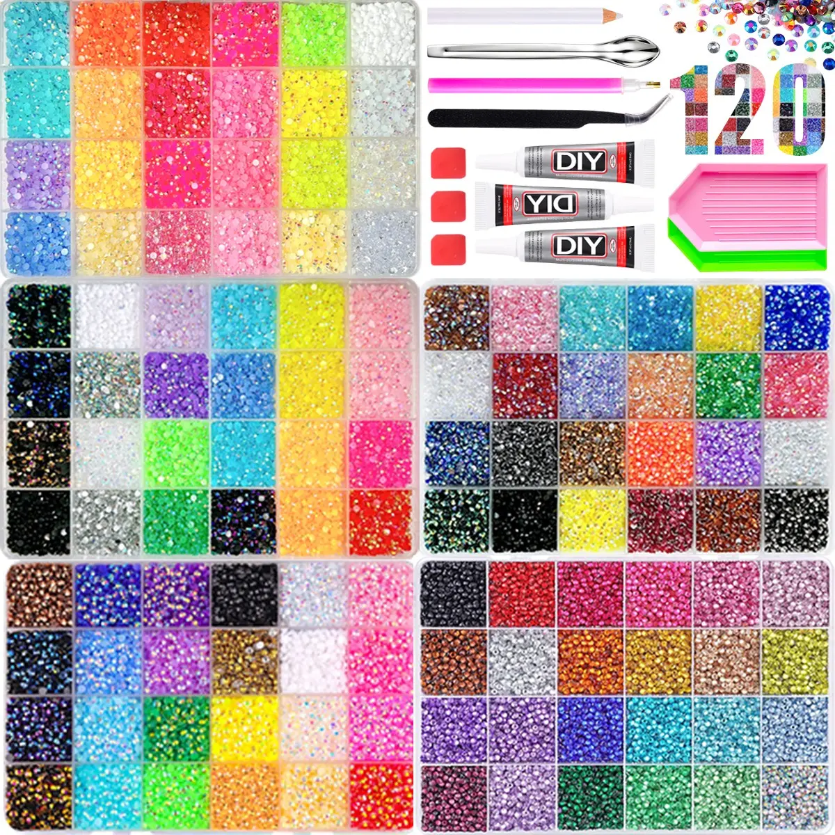This dazzling flatback resin rhinestone set comes with 120 grids of multi-color rhinestones covering rainbow bright shades, metallic glitter, matte dark and transparent styles.It is equipped with a complete tool gift pack, mid year sale,deals for you。