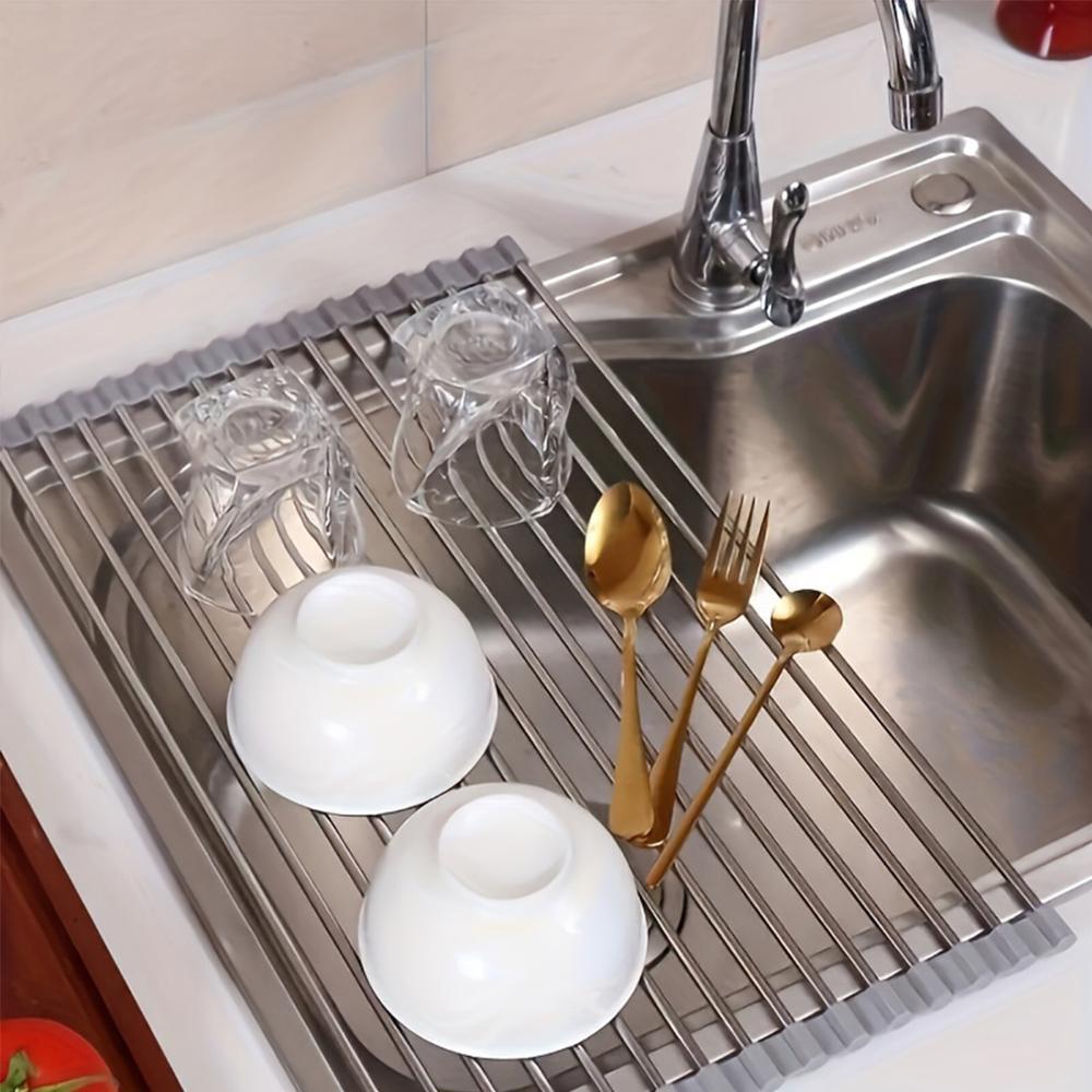 Stainless Steel Silicone Roll Up Over The Sink Dish Drying Rack, 1 Count Multifunctional & Portable Kitchen Drainer Rack, Dish Drying Organiser, Kitchen Accessories