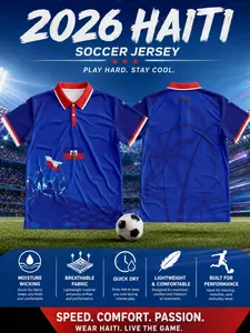 2026 Haiti National Football Men's Collared Jersey, Bright Blue Mesh Short Sleeve, Quick-Dry Breathable, Palm Tree Back Print, All Seasons, Lightweight Jersey
