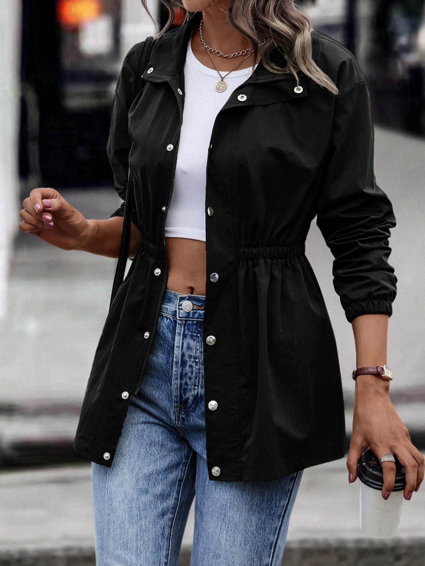 Women's Solid Woven Fabric Fitted Button Front Collar Jacket Coats, Casual Long Sleeve Outerwear for Spring & Fall, Ladies Clothes for Daily & Everyday Wear, Womenswear