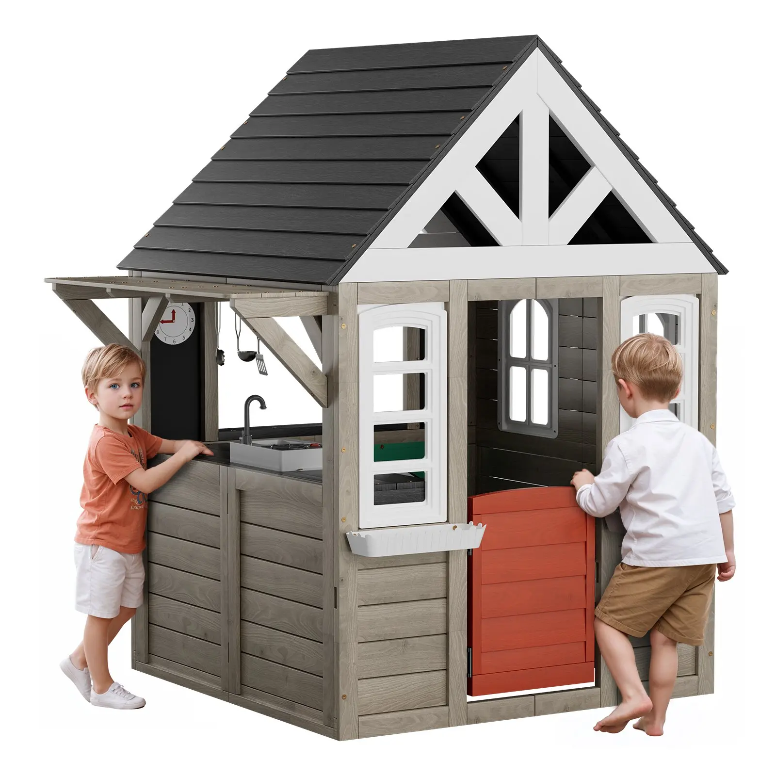 【DealsForYouDays】VEVOR Outdoor Wooden Playhouse, Modern Cedar Playhouse for Age 2-10 Years Kids, Garden Games Cottage, Country Style Cedar Playhouse with Working Door, Window, Flower Pot Holder, Grill, Stove, and Sink