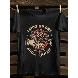 Men's Vintage Punk Rock T-Shirt - No One to Trust Motto & Red Rose Axe Design |   100% Heavyweight 180GSM Crew Neck Tee |   Retro Suitable for Concerts, Casual Attire, Casual Outfits - Iconic Shirt, PLUS SIZE