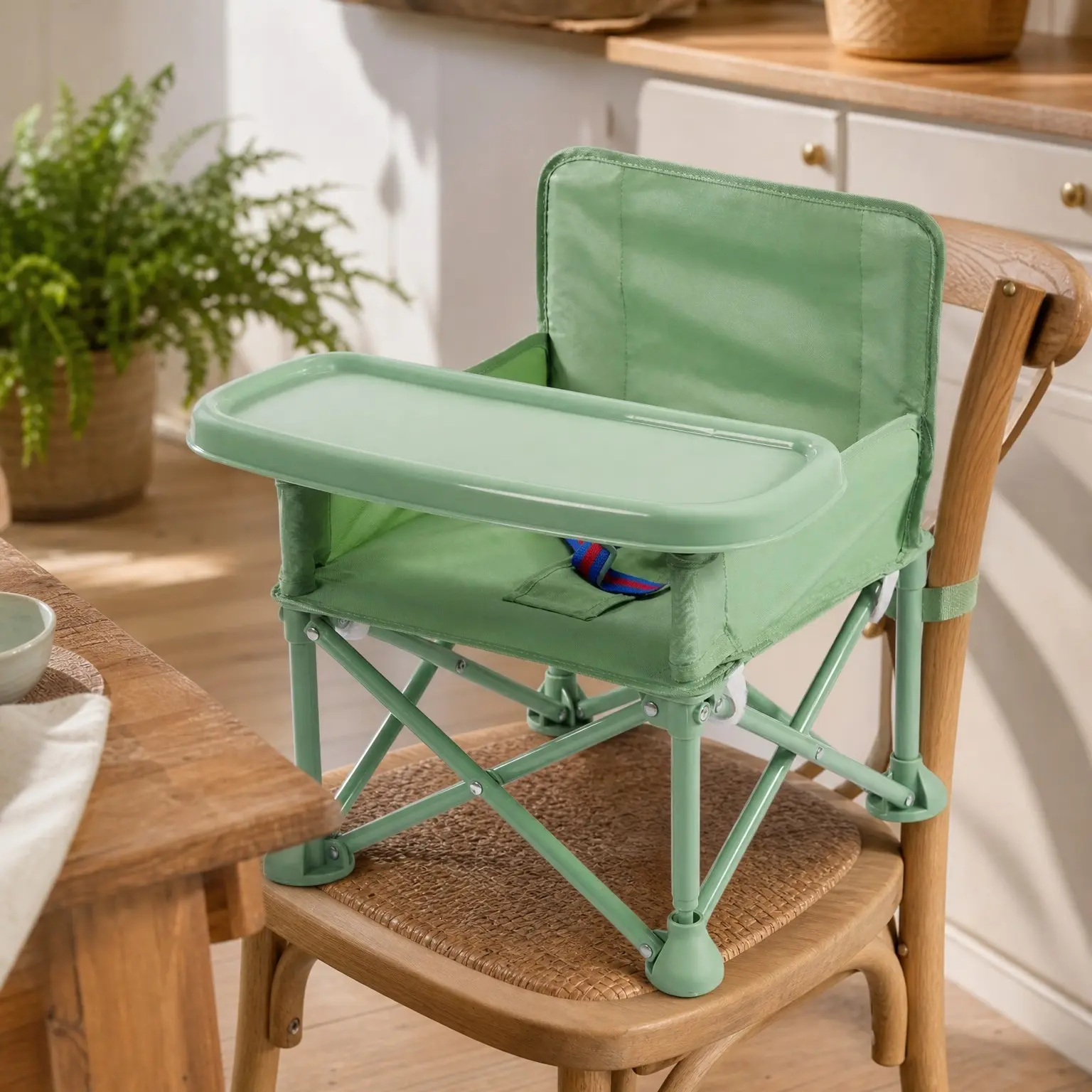 3-in-1 Portable Baby Booster Seat with Tray, Folding Toddler High Chair for Travel, Camping, Home & Dining, Easy to Clean & Store, Includes Child Safety Belt and Carry Bag (Green)Gift