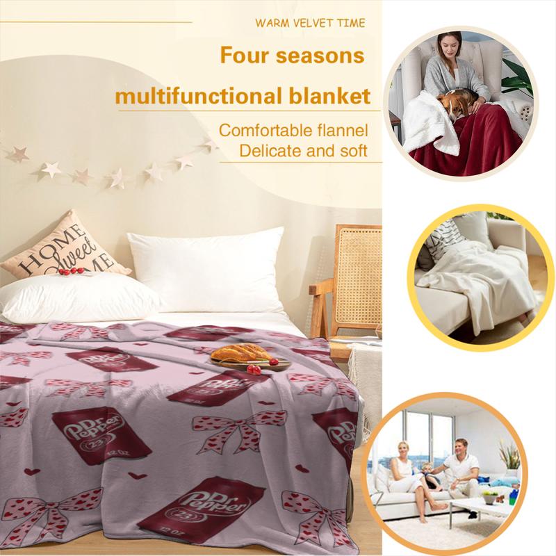 Dr Pepper Original Flavor Pink Bows with Red Hearts Flat Velvet Blanket Soft Office Bedding Blanket PlushThin Quilt Holiday Gift cozy  soft fluffy