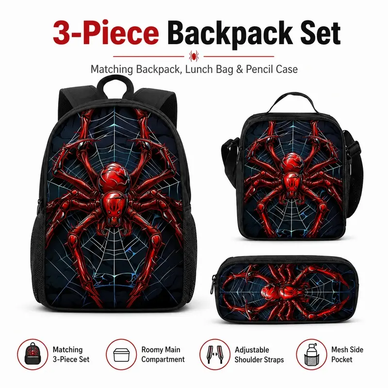 Red spider pattern printed with front bag backpack three-piece set (front bag backpack + lunch bag + pencil bag)