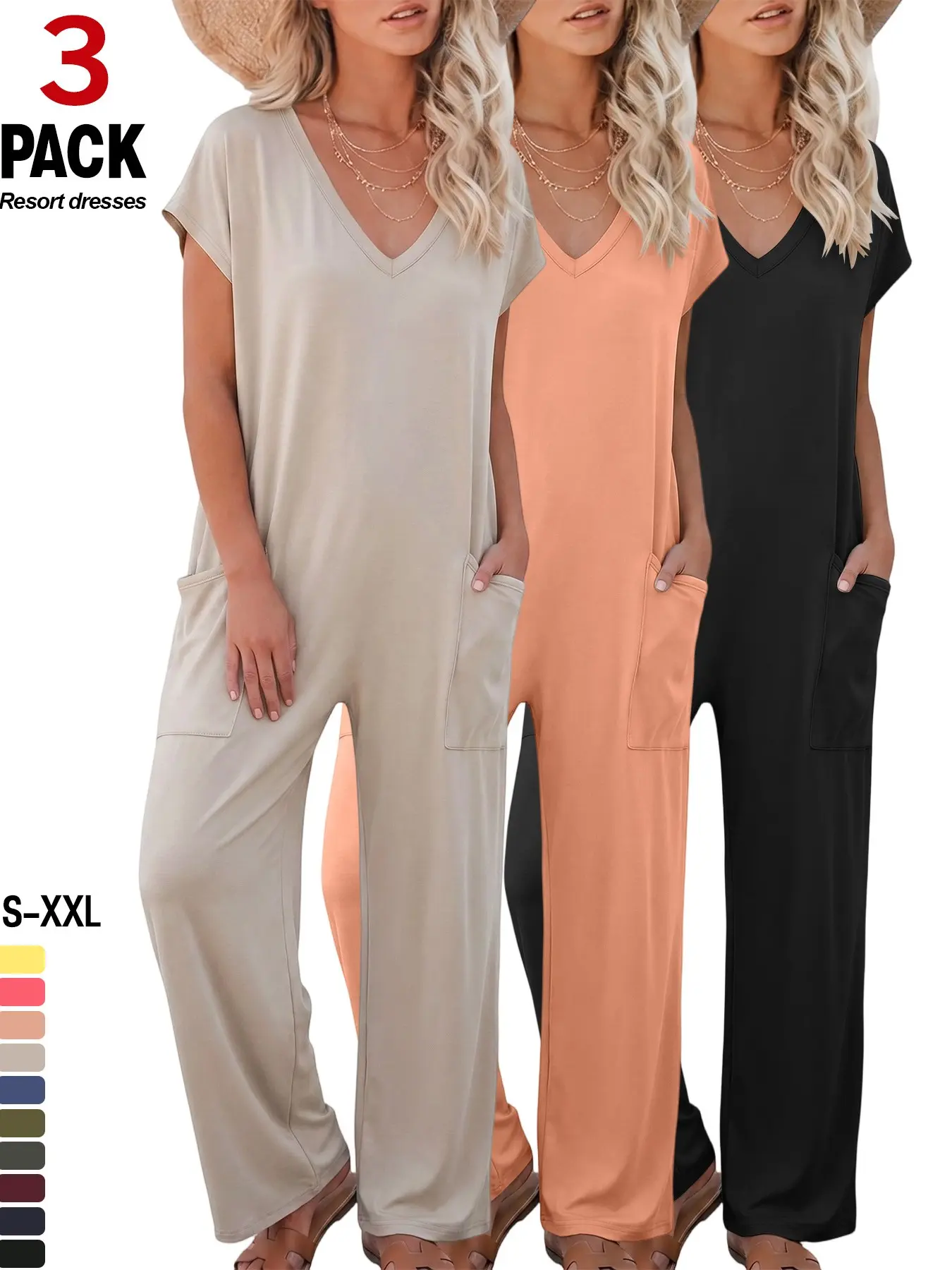 Women's V Neck Short Sleeve Jumpsuit with Pockets, Loose Fit Wide Leg Romper, Casual Comfy One Piece Everyday Lounge Outfit for Daily Wear & Travel