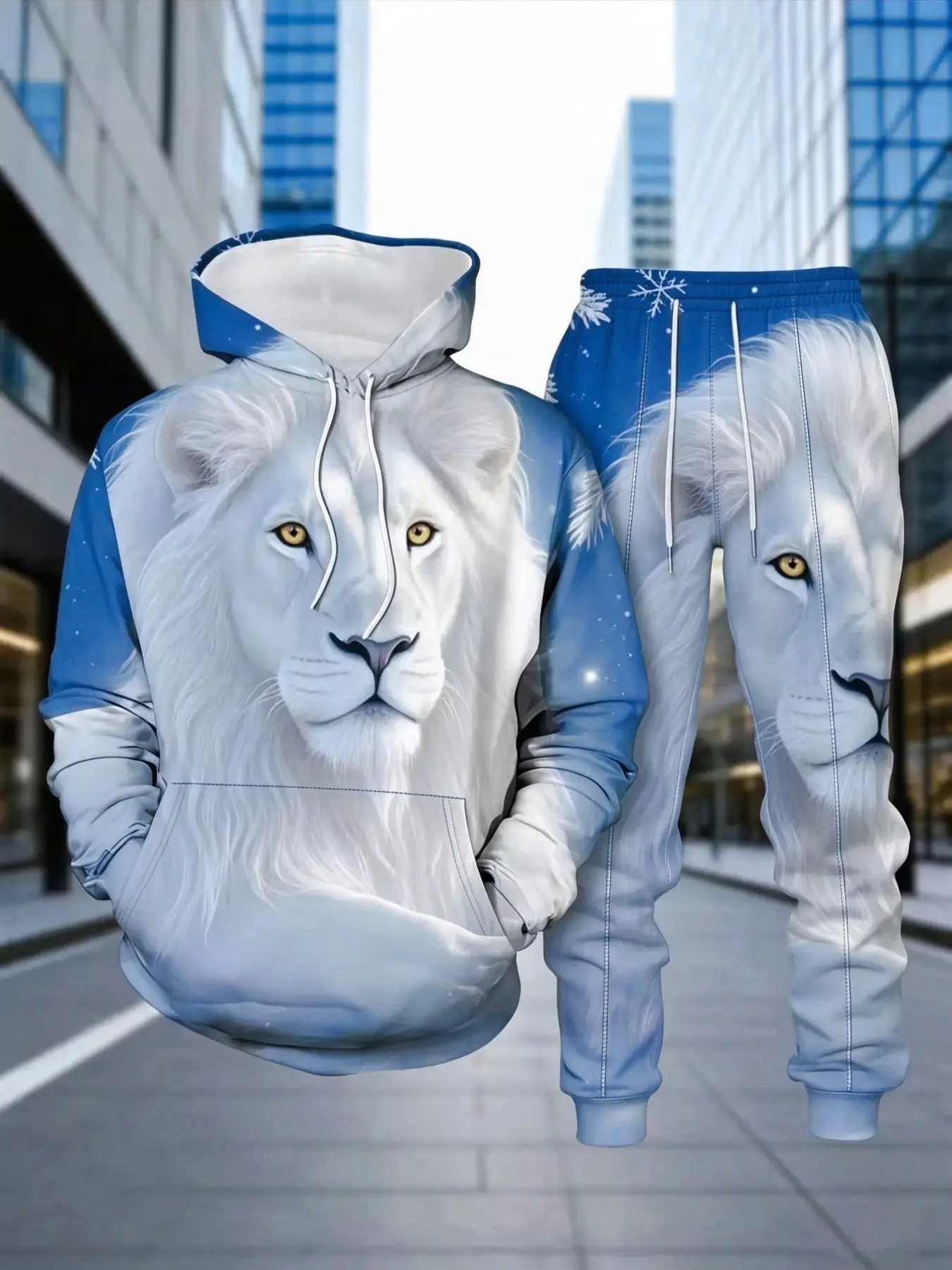 Men 3D White Lion Graphic Hoodie Tracksuit 2‑Piece Set Sweatsuit Set, Snowflake Print Pullover Hoodie & Drawstring Jogger Pants, Cool Animal Print Matching Sweat Outfit For Fall Winter Streetwear