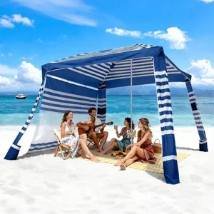 Beach Cabana, 8 X 8 Ft Beach Canopy With Side Wall, UPF 50+ Protection Easy Setup Cabana Tent With Sand Pockets, Adjustable Height Portable Shade Sun Shelter Umbrella For Family, Navy Stripes