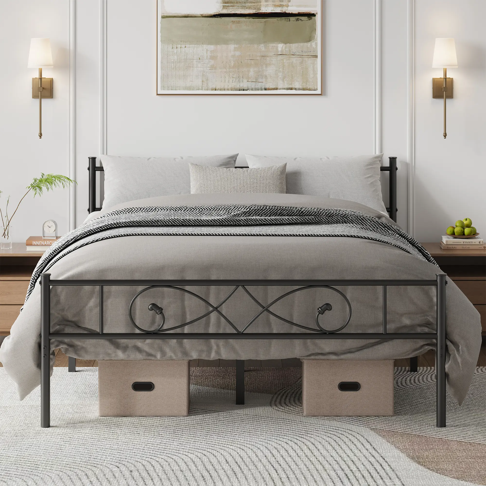 Full/Queen Black Platform Bed with Floral Victorian Headboard, Under-Bed Storage, Noise-Free, No Box Spring