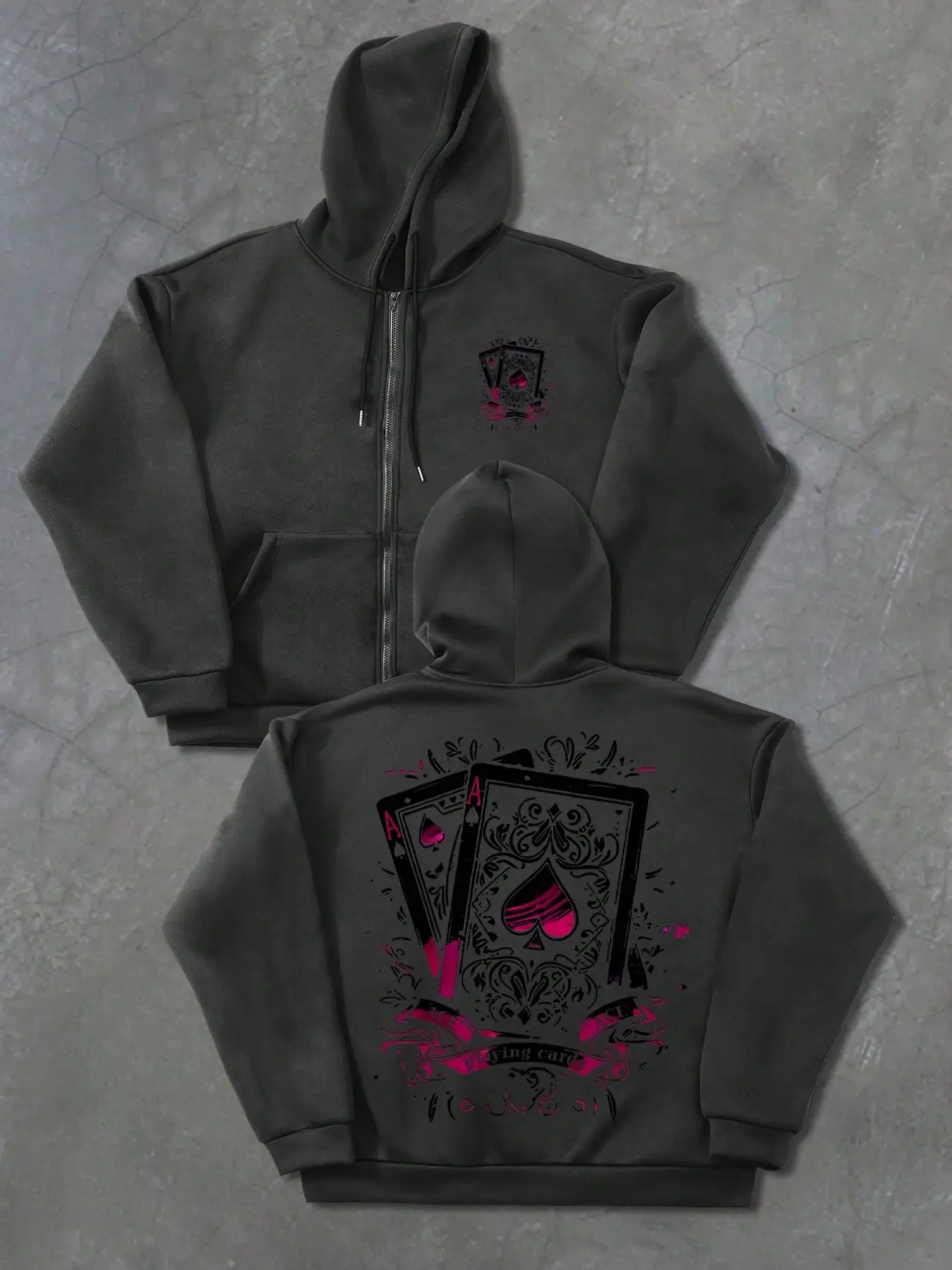 Aesthetic Gothcore Ace of Spades Playing Cards Graphic Zipper Hoodie Vintage Loose Fit Pink Splash Ink Print Cardigan Jacket for Teens Skater Outfits