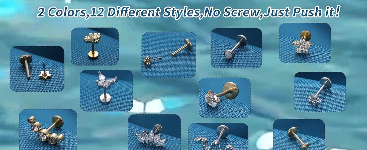 Trendy Push in Stud Earrings, 20G 18G Flat Back Earrings,Hypoallergenic Threadless Stud Multi-Pack, 14K Gold Plated 316L Surgical Steel Earring Sets, Push-in Cartilage Helix Tragus Nose Piercing Jewelry for Women