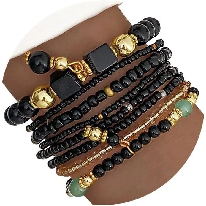 8 count Beaded Bracelets for Women, Multilayered Stackable Strand Stretch Bead Bracelet Pack  Trendy Bohemian
