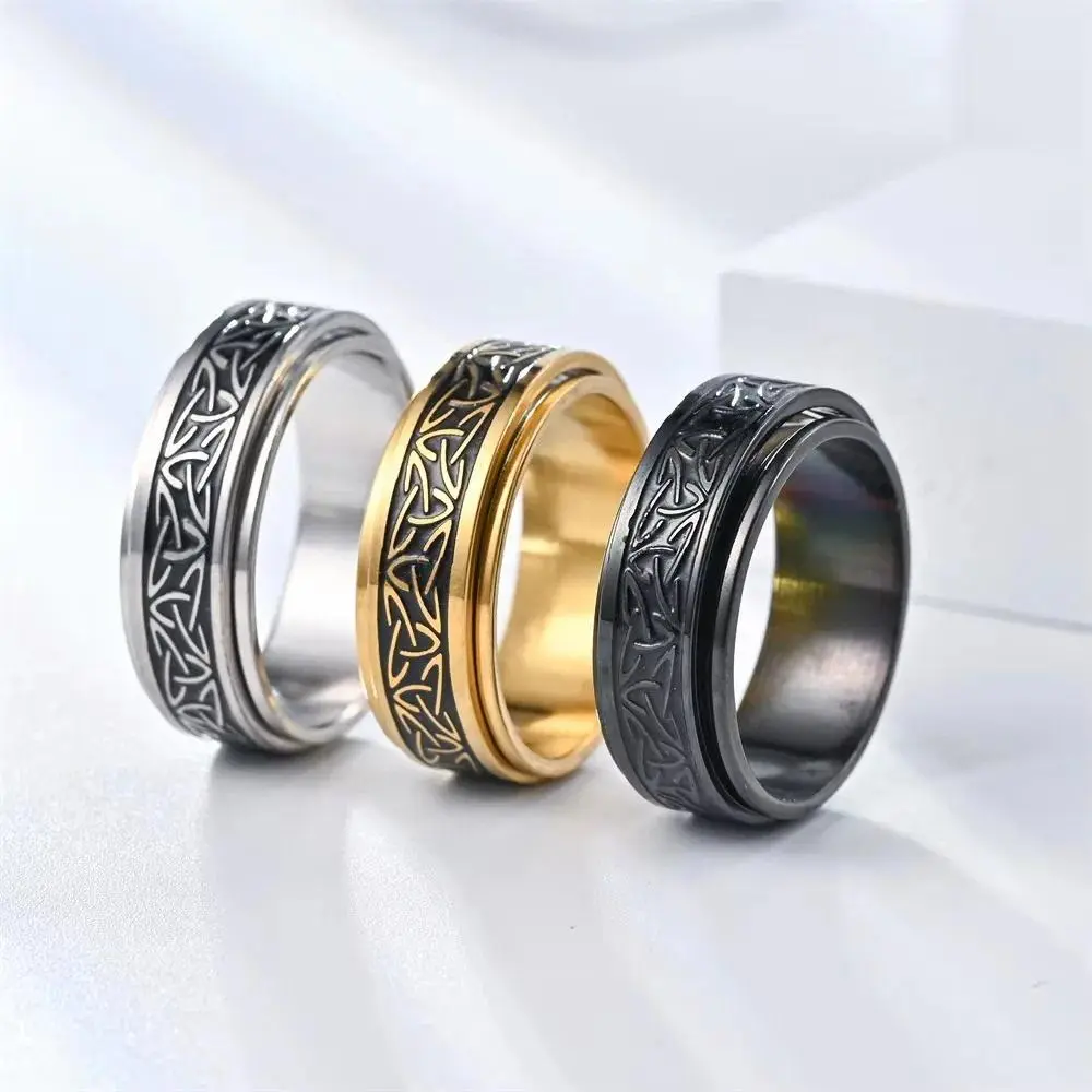 Vintage Viking Celtic Knot Rune Rings Rotating Stainless Steel Anti Stress Anxiety Relife Spinning Ring Men Anillo Antiestres