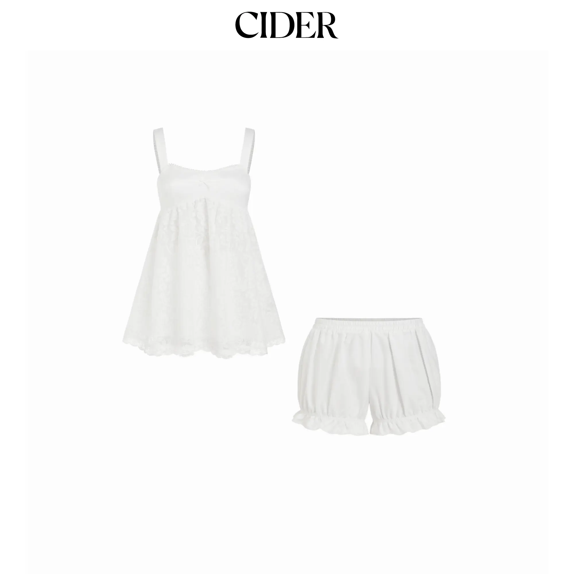 Cider Square Neck Lace Bowknot Oversized Top & Mid Rise Ruffled Shorts Set