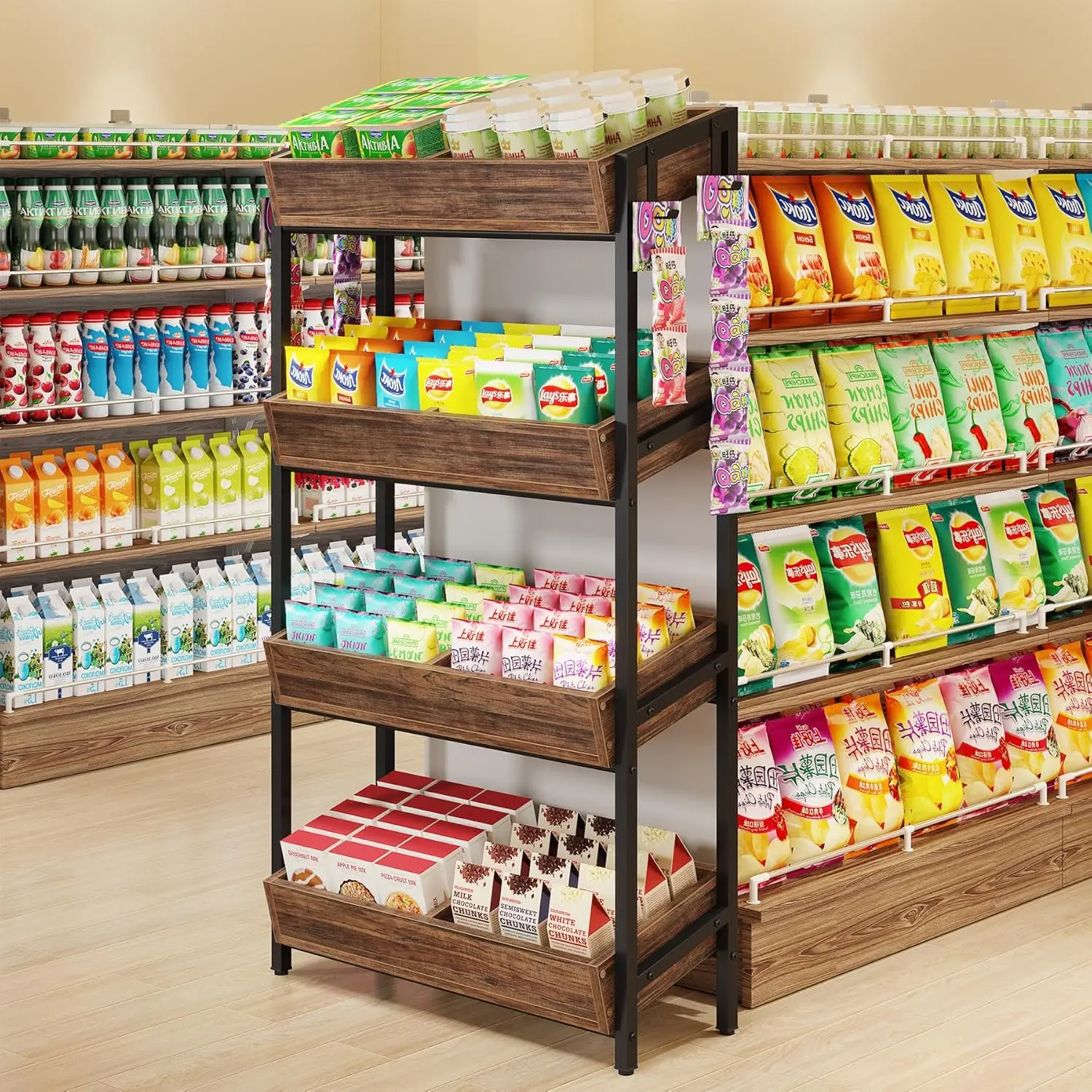 LustreC 4-Tier Wood and Metal Indoor Baker's Rack, Heavy-Duty Snack and Candy Display Shelf for Boutiques, Easy Assembly (1, Brown)