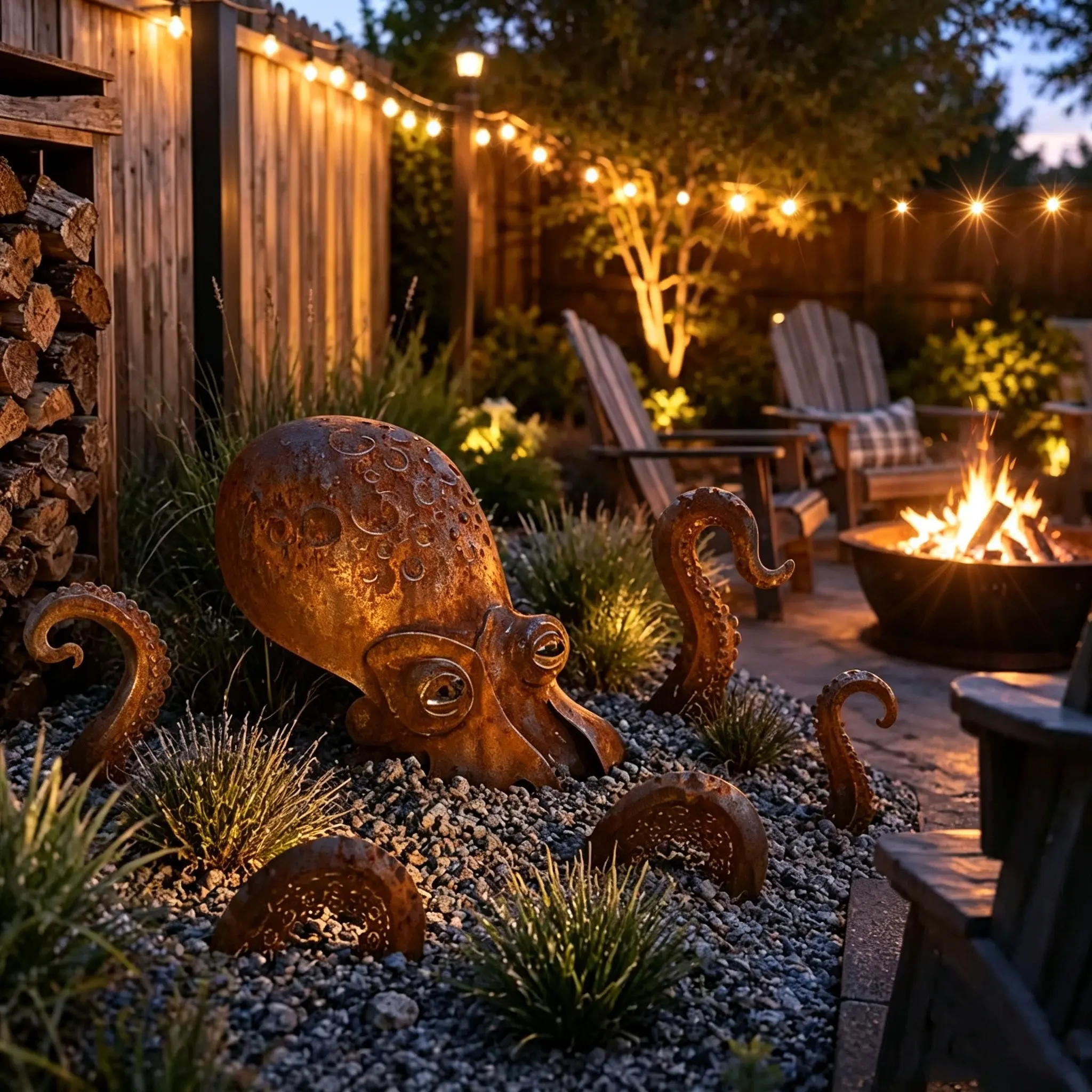 Rustic Giant Octopus Garden Sculpture, Handmade Metal Statue, Outdoor Lawn Decor, Patio and Beach Hut Decoration, Coastal Ocean Animal Ornament