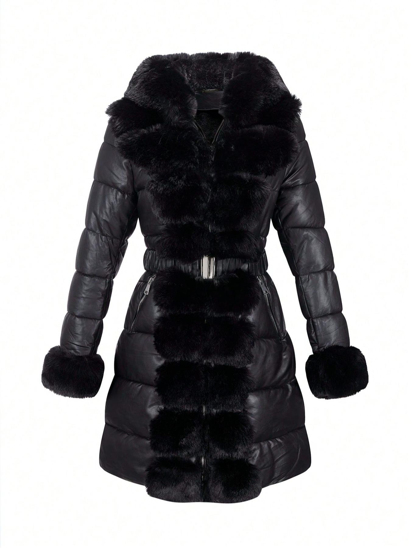 Women's Winter Long Hooded PU Cotton Coat, Elegant Fitted Warm Everyday Jacket with Belt, Vintage Plush Patchwork, Fall & Winter Outerwear