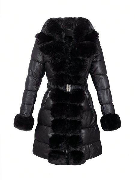 Women's Winter Long Hooded PU Cotton Coat, Elegant Fitted Warm Jacket with Belt, Vintage Plush Patchwork, Fall & Winter Outerwear