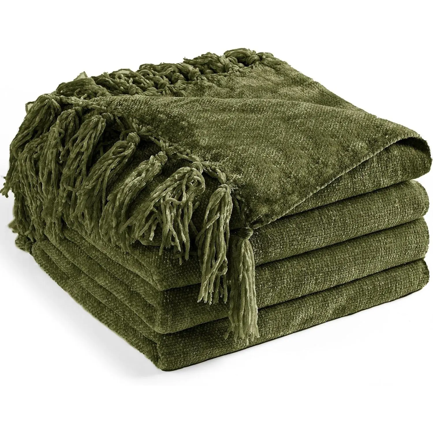 Chenille Throw Blanket for Couch 50" x 60", Olive Green | Soft Cozy Throws with Fringe Tassel, for Living Room Bed Sofa Chair Cover, Lightweight Knitted Boho Blankets Christmas Decor