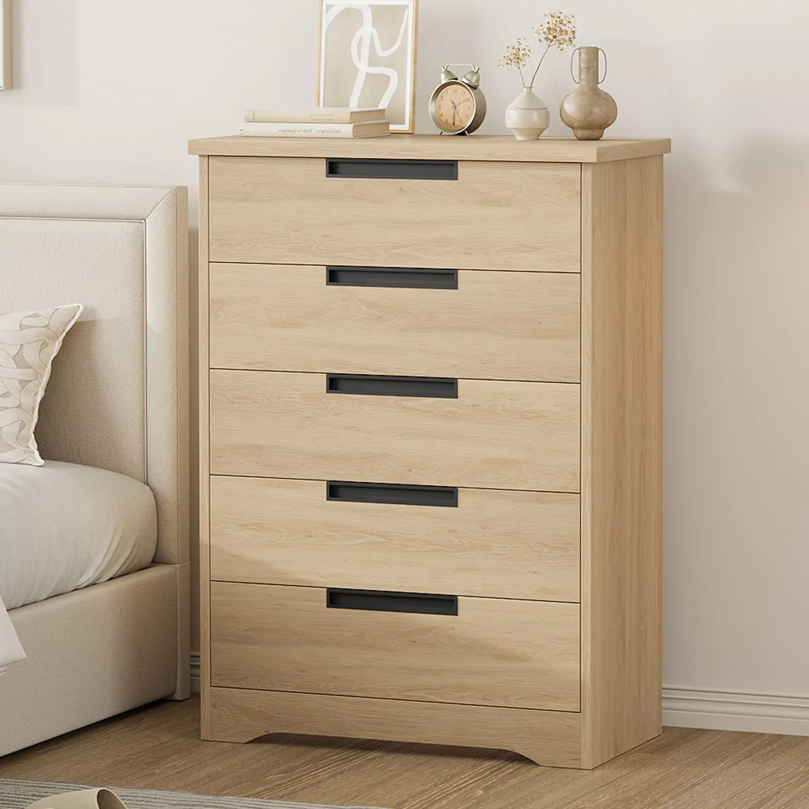 5-Drawer Modern Wood Clothing Storage Cabinet, Minimalist Bedroom Furniture with Metal Glides, Wide Rectangular Top, Anti-Tip Kit, Drawer Compartments, Flush Handles, Sturdy Extended Organizer for Nursery, Easy Assembly