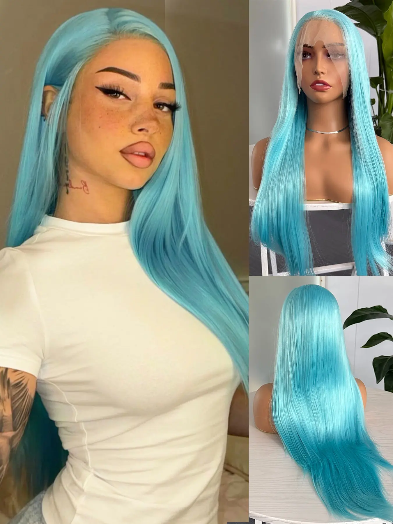 26 Inch Blue Long Silky Straight Wig 13X4 Lace Front Wigs for Women Heat Resistant Synthetic Fiber Natural Hairline, Daily Wear, Party Wigs & Halloween Cosplay Costume Accessory