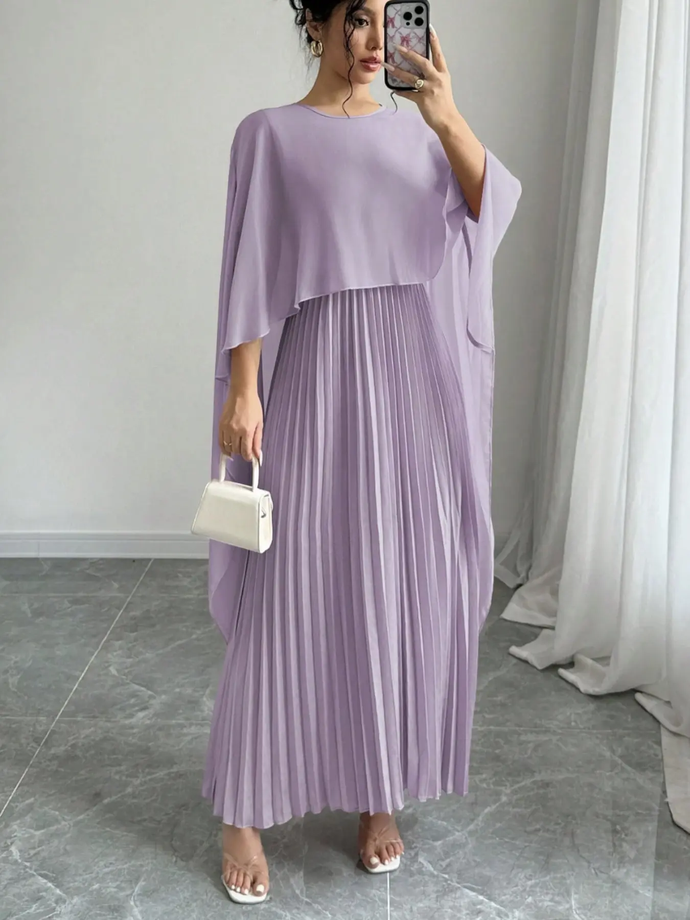 Elegant Pleated Dress, Flowy Cape Sleeves, High Waist, Perfect for Formal Dates and Evening Events, Spring Summer New Arrival