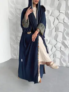 Women's Open Abaya, Long Sleeve with Printed Cuffs & Trim, Loose Fit Modest Islamic Kaftan, Elegant Islamic Clothing Outerwear for Ramadan