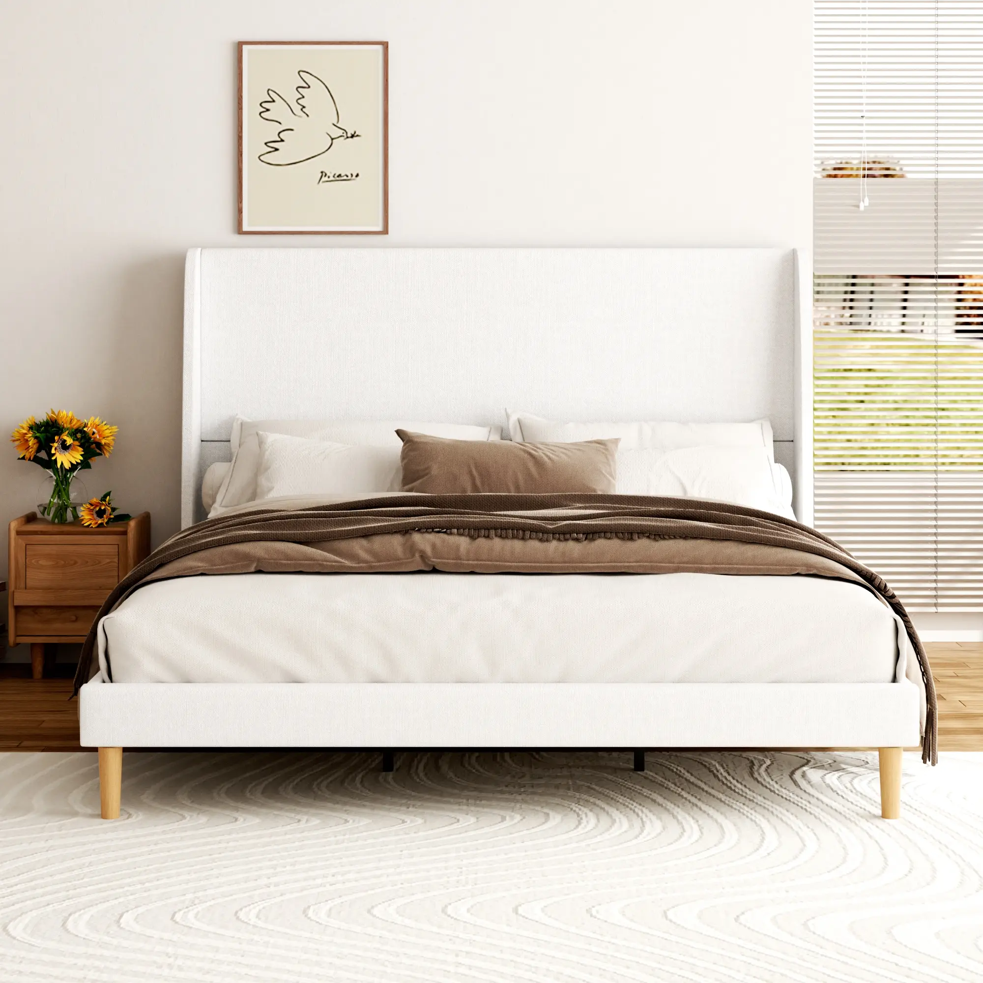 Queen Size Tall Upholstered Platform Bed Frame - Classic Scandinavian Modern Loft Bed, Clean Airy Look, Durable Natural Wood Build, Wooden Legs, Space-Saving, No Box Spring Needed, Easy Assembly Required