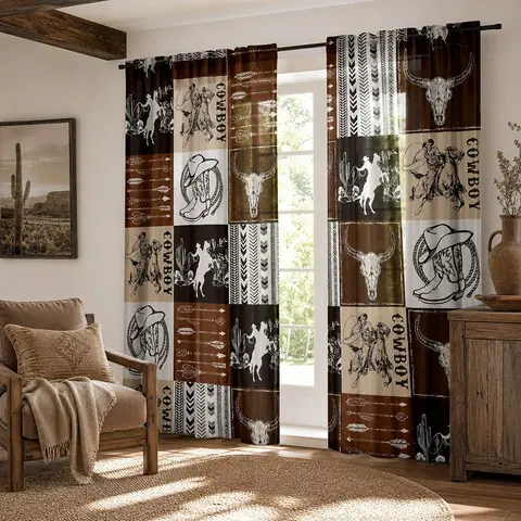 Denim Themed Curtains with Bull Head Horse Arrow Design, Geometric Plaid Western Motifs, Translucent Polyester for Bedroom Living Room Decor, Window Drapes, Home Decoration Curtain, Home Decorative Curtain