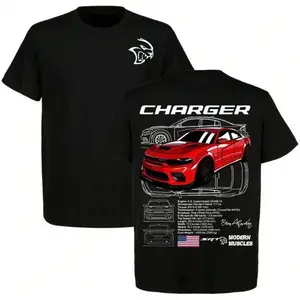 Dodge Charger SRT Hellcat Muscle Car T-Shirt, Double Sided Blueprint Specs Automotive Graphic Casual Tee, Unisex For Men Women