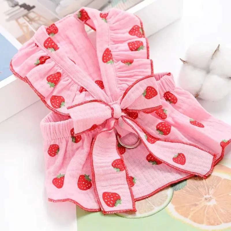 Strawberry Print Pet Dog Dress 2026 Dog Clothes Cute Bow Summer Puppy Costume Chihuahua French Bulldog Clothing Cat Dog Swimsuit