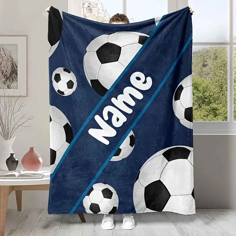 Personalized Name Sports Flannel Throw Blanket, Custom Soccer Basketball Baseball Football Print Blanket, Customized Name All Season Cozy Flannel Blanket, Sports Fan Sofa Bed Decor & Unique Custom Gift for Sport Lovers