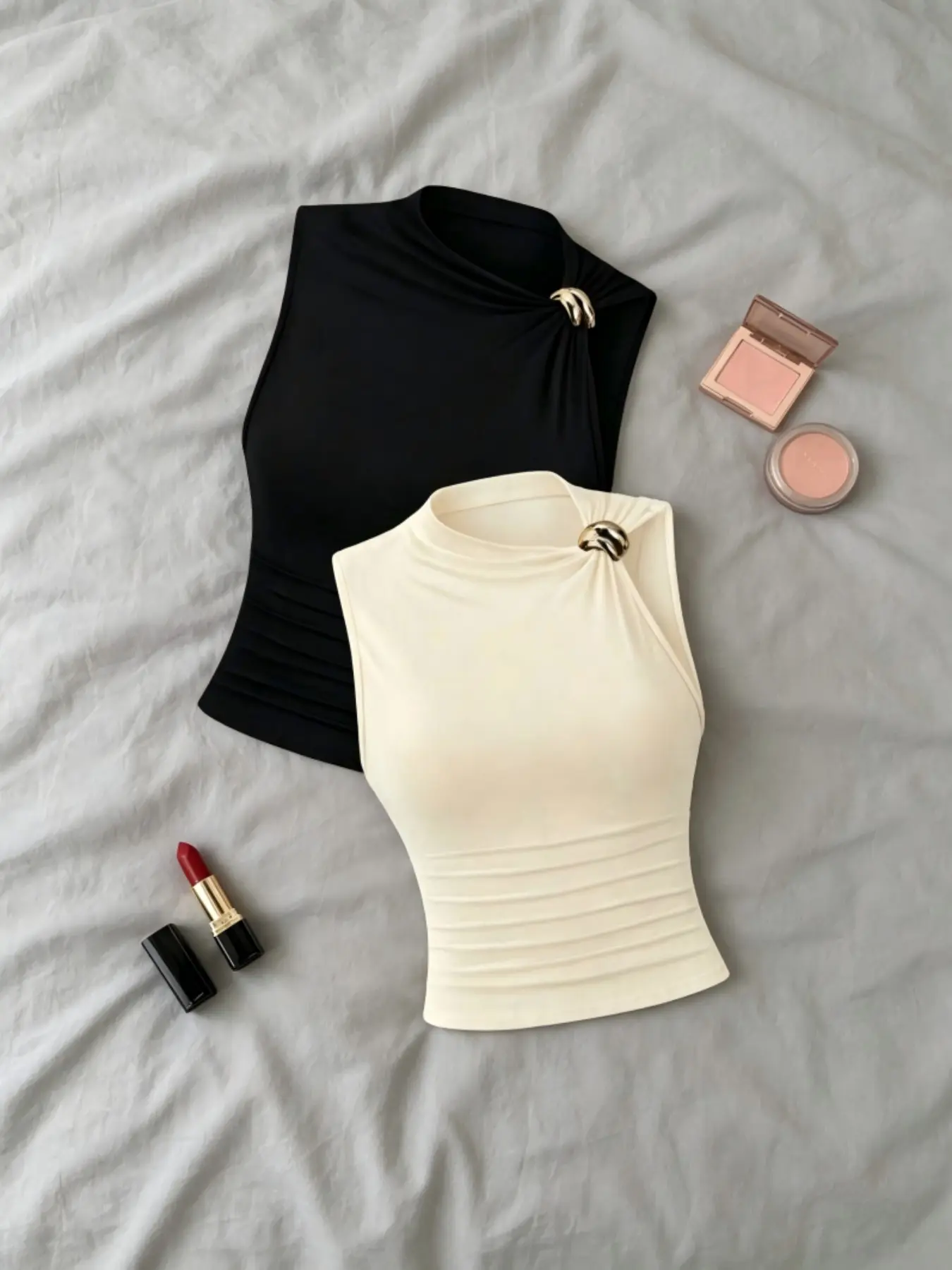 European Style Half-Neck Plain Tank Top, Single-Side Metal Button Design, Waist Ruched Fashion Slim Fit, Versatile Office Wear, Casual, Two-Piece Set