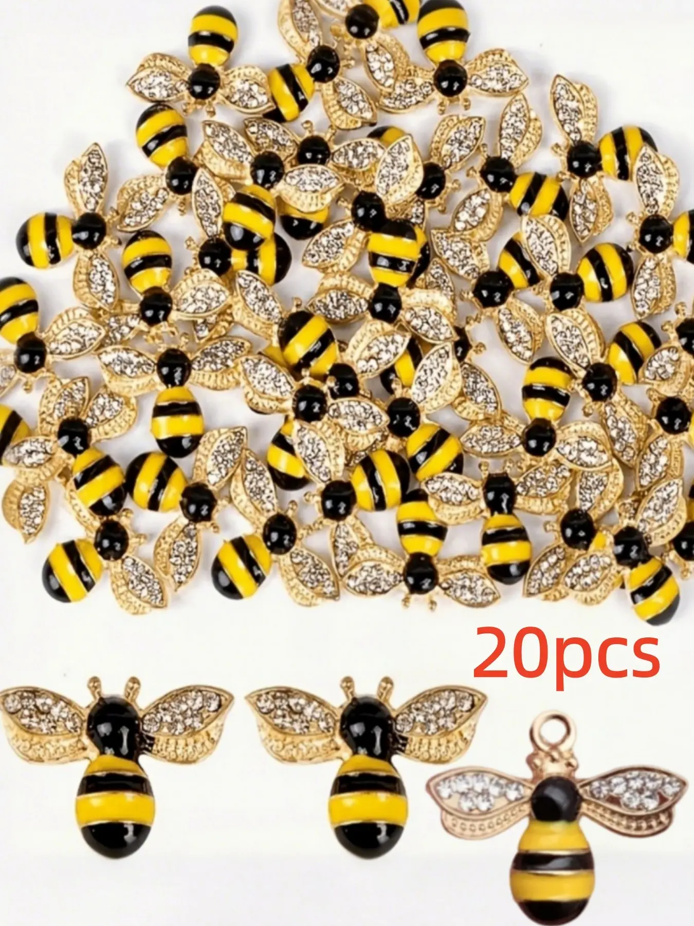 20pcs Colorful Rhinestone Bee Charms, DIY Jewelry Making, Keychain, Scrapbook, Hair Accessory, Bracelet, Craft Supplies, Cute Insect Decorations
