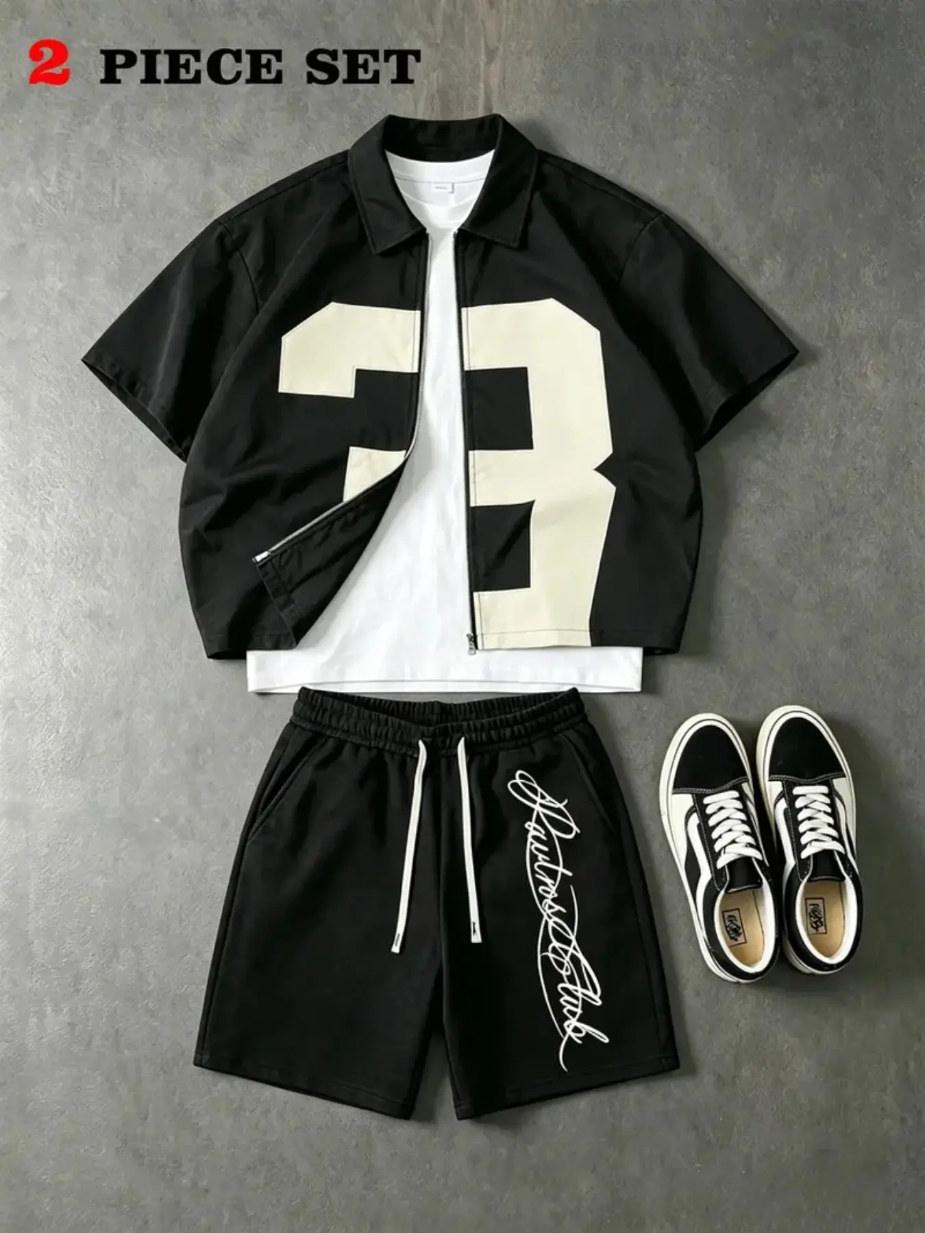 Men's Two-Piece Set, Large Size Patch Print Notch Lapel Short Sleeve Zipper Jacket + Handwritten Letter Drawstring Shorts, Classic Casual Streetwear, Outfit Sets