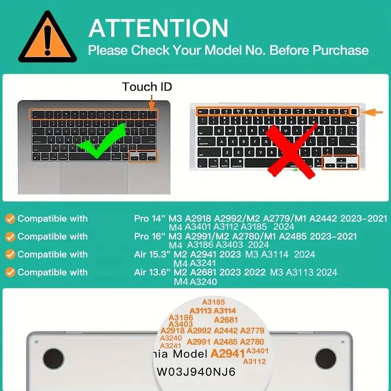 Silicone keyboard protector, Keyboard Cover for Macbook Air 15-inch (2025 M4 A3241 M3 A3114 M2 A2941) / Air 13.6 (A3240 A3113 A2681) / Pro 14/16 (M4 M3 M2 M1), black.