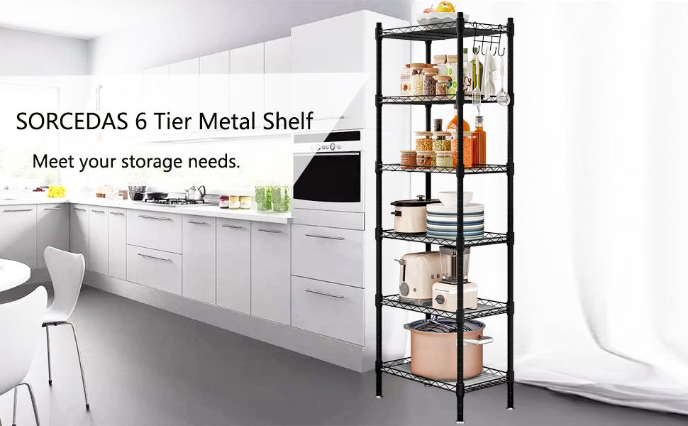 Shelf 6 Wier Metal Shelves Storage Rack Shelving Unit Organizer for Kitchen Laundry Garage Bathroom Pantry Closet OfficeAdjustable Hanging Hangable Black