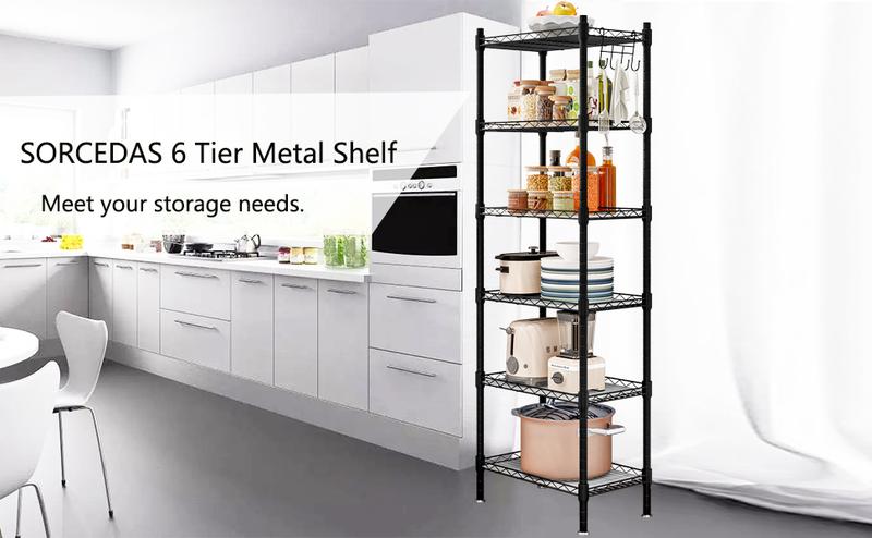 Shelf 6 Wier Metal Shelves Storage Rack Shelving Unit Organizer for Kitchen Laundry Garage Bathroom Pantry Closet OfficeAdjustable Hanging Hangable Black