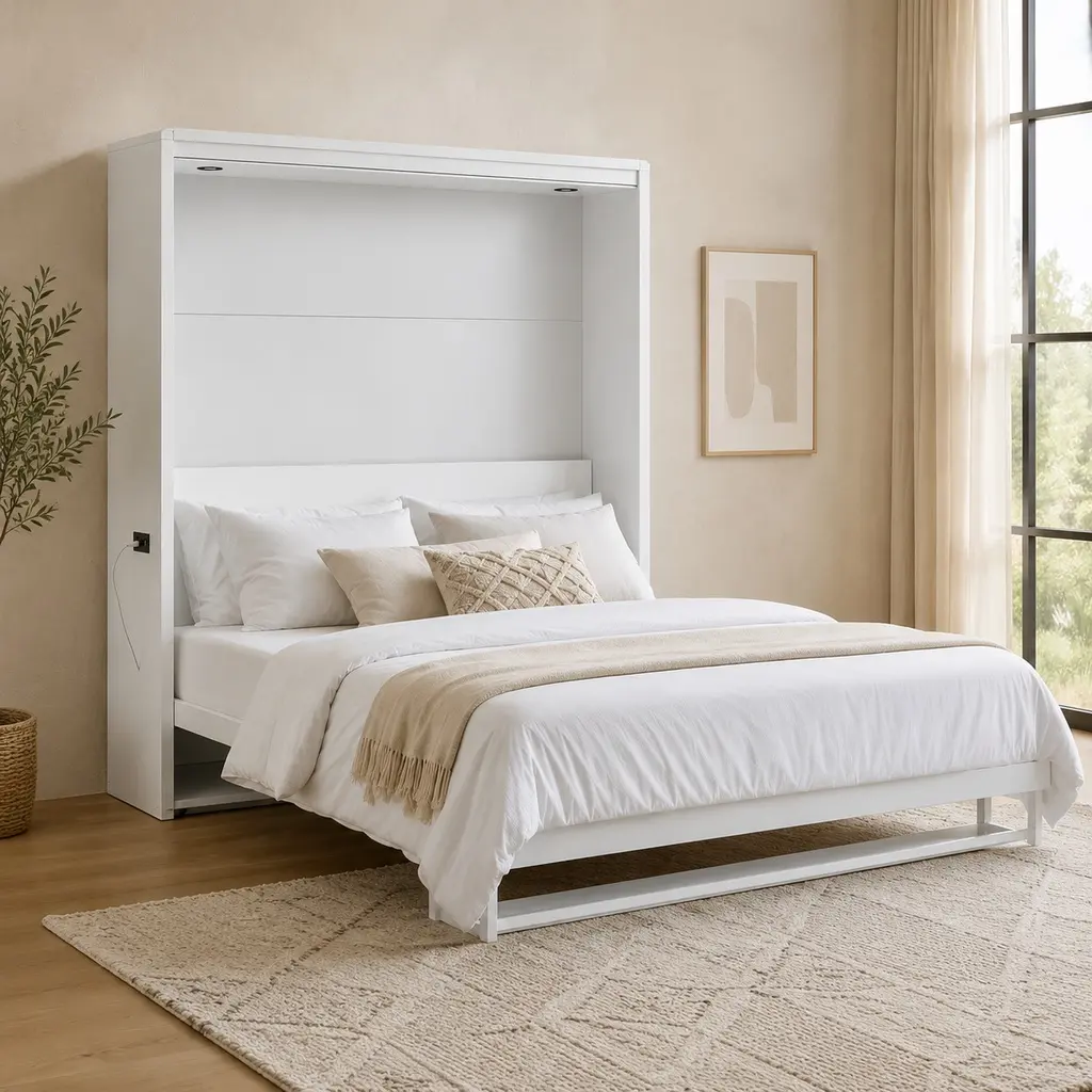 ARCH Queen Size Wood Murphy Wall Bed Frame with USB Ports - White Modern Platform Bed, Space-Saving MDF & Plywood Construction, 87.4"L x 67.4"W x 68.8"H, 8 Inches Thick, 205 lbs Capacity, 12 and Up Use, Assembly Required, No Box Spring Needed