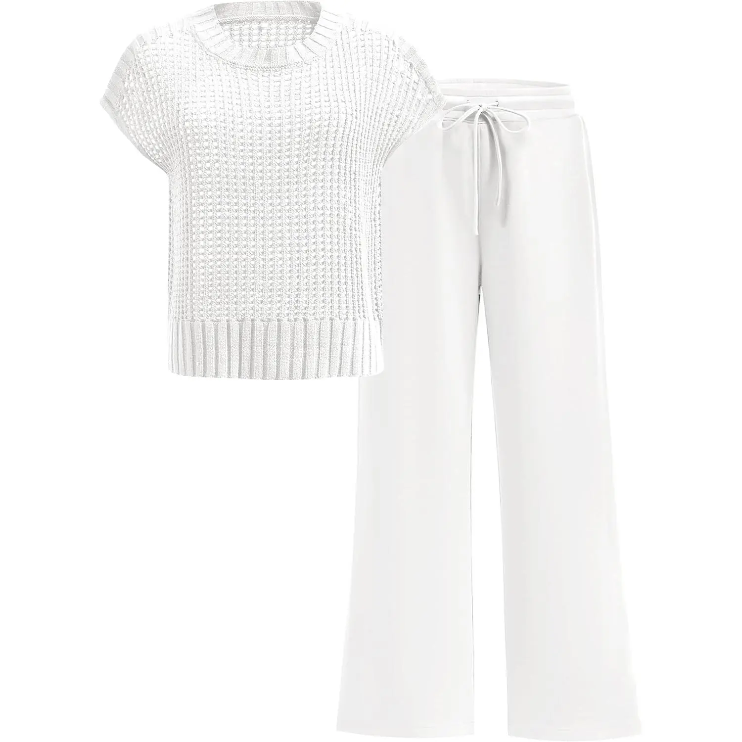 Women Two Piece Outfits Crochet Sheer Knit Sweater Top Wide Leg Pants Lounge Matching Sets Sweatsuit Travel Clothes